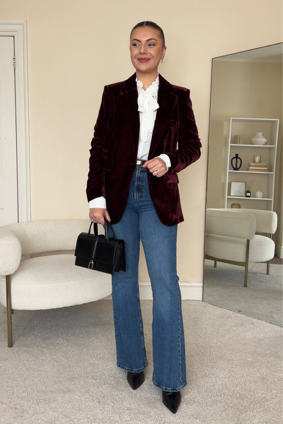 Casual smart festive season outfit/Christmas lunch outfit.
Blouse is from Mango, wearing size S.
Blazer is from Mango, wearing size M.
Jeans are from Asos, wearing size 30/32.

#LTKCyberSaleUK #LTKparties #LTKHoliday