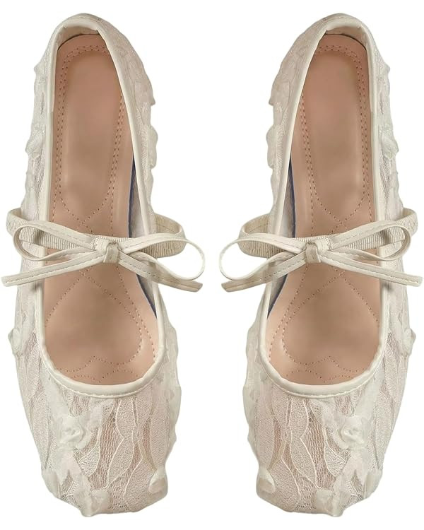 Milumia Women's Lace Mesh Ballet Flats Bowknot Square Closed Toe Slip on Dress Shoes | Amazon (US)