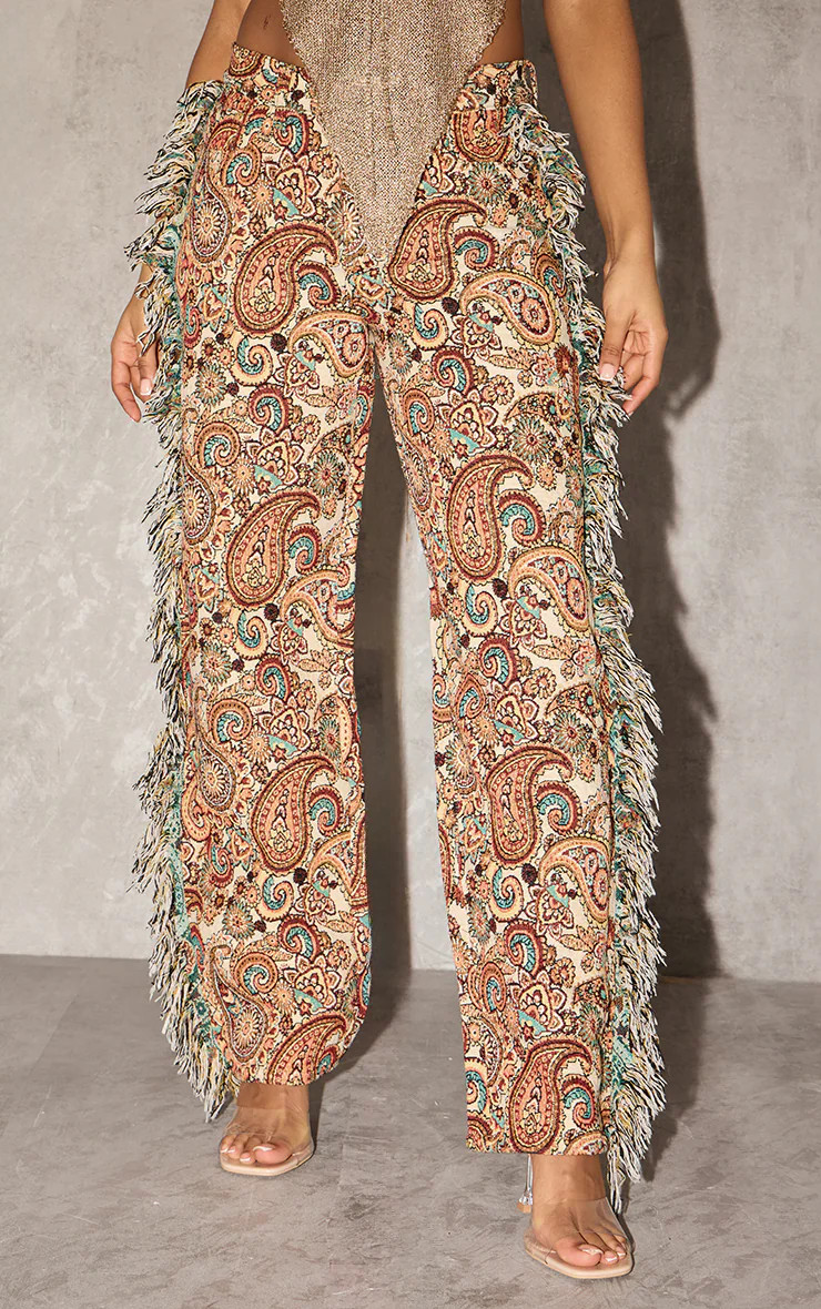 Orange Aztec Printed Jacquard Twill Tassel Side Pants | PrettyLittleThing US