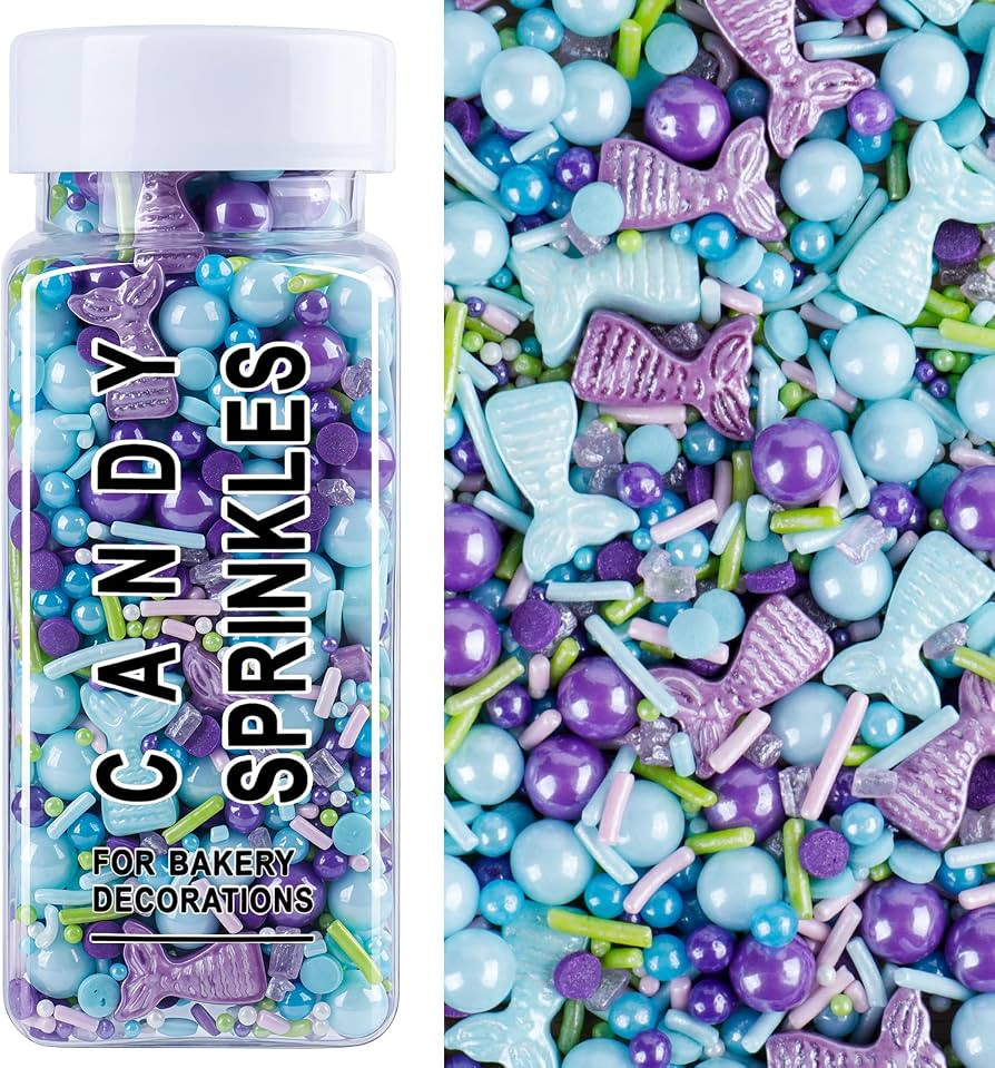 Mermaid Sprinkles for Cake Decorating, 4.6oz Blue and Purple Ocean Sprinkles with Jimmies Pearls ... | Amazon (US)