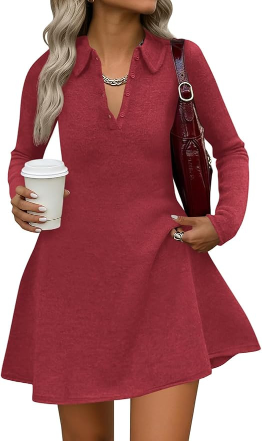 Saodimallsu Womens Sweater Dress 2025 Fall Polo Collared Long Sleeve Button V Neck A line Preppy ... | Amazon (US)