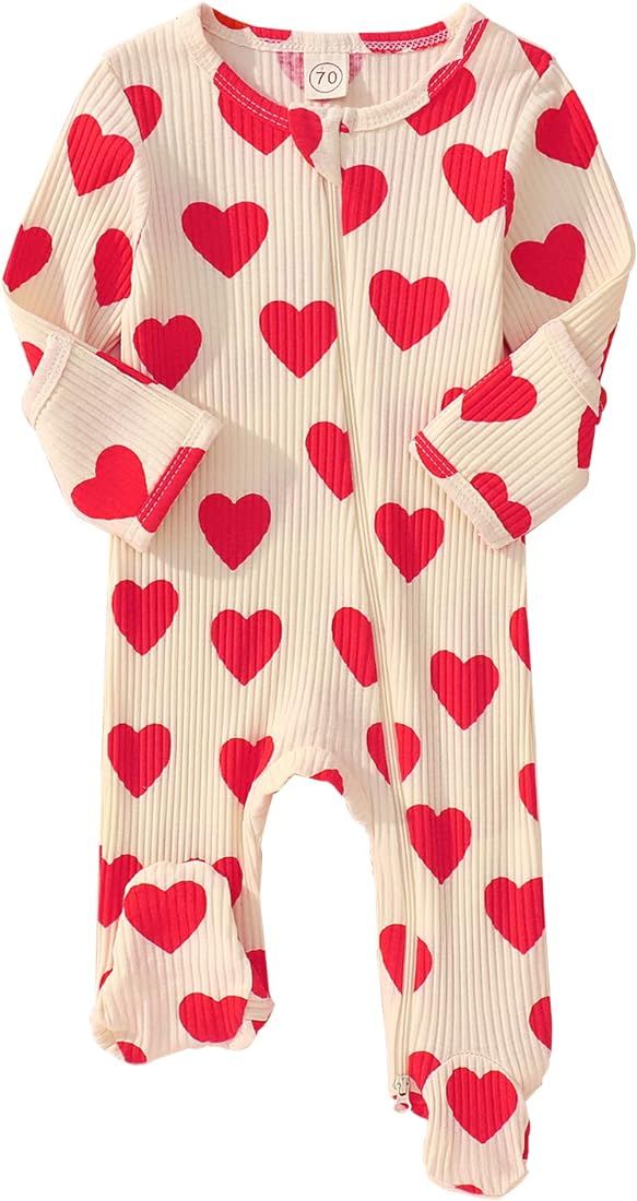 Infant Baby Girl Valentine's Day Romper Red Heart Zipper Footie Toddler Unisex Long Sleeve One Pi... | Amazon (US)