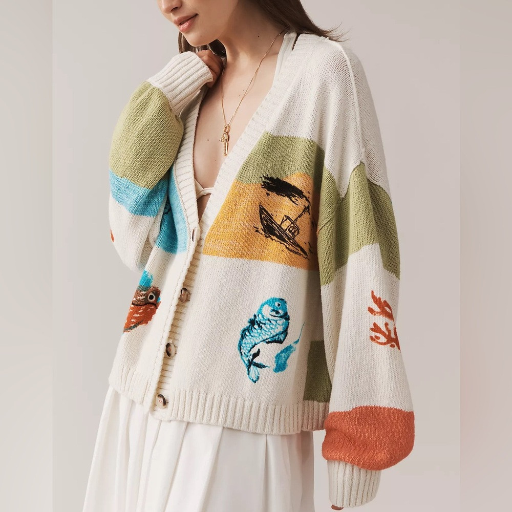 Pilcro Cream Cardigan with Green, Blue, Orange & Yellow Motifs | Poshmark