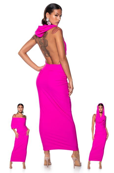 HOODED BEAUTY BACKLESS MAXI DRESS IN PINK | AKIRA