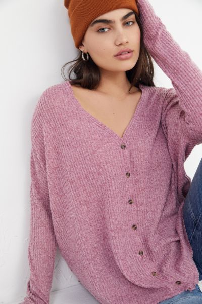 Out From Under Jojo Oversized Thermal Button-Front Top - Purple L at Urban Outfitters | Urban Outfitters (US and RoW)