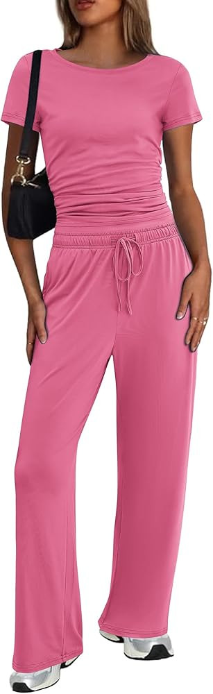 Ekouaer Women's 2 Piece Lounge Sets Ruched Short Sleeve Top and Wide Leg Pants Loungewear Tracksu... | Amazon (US)