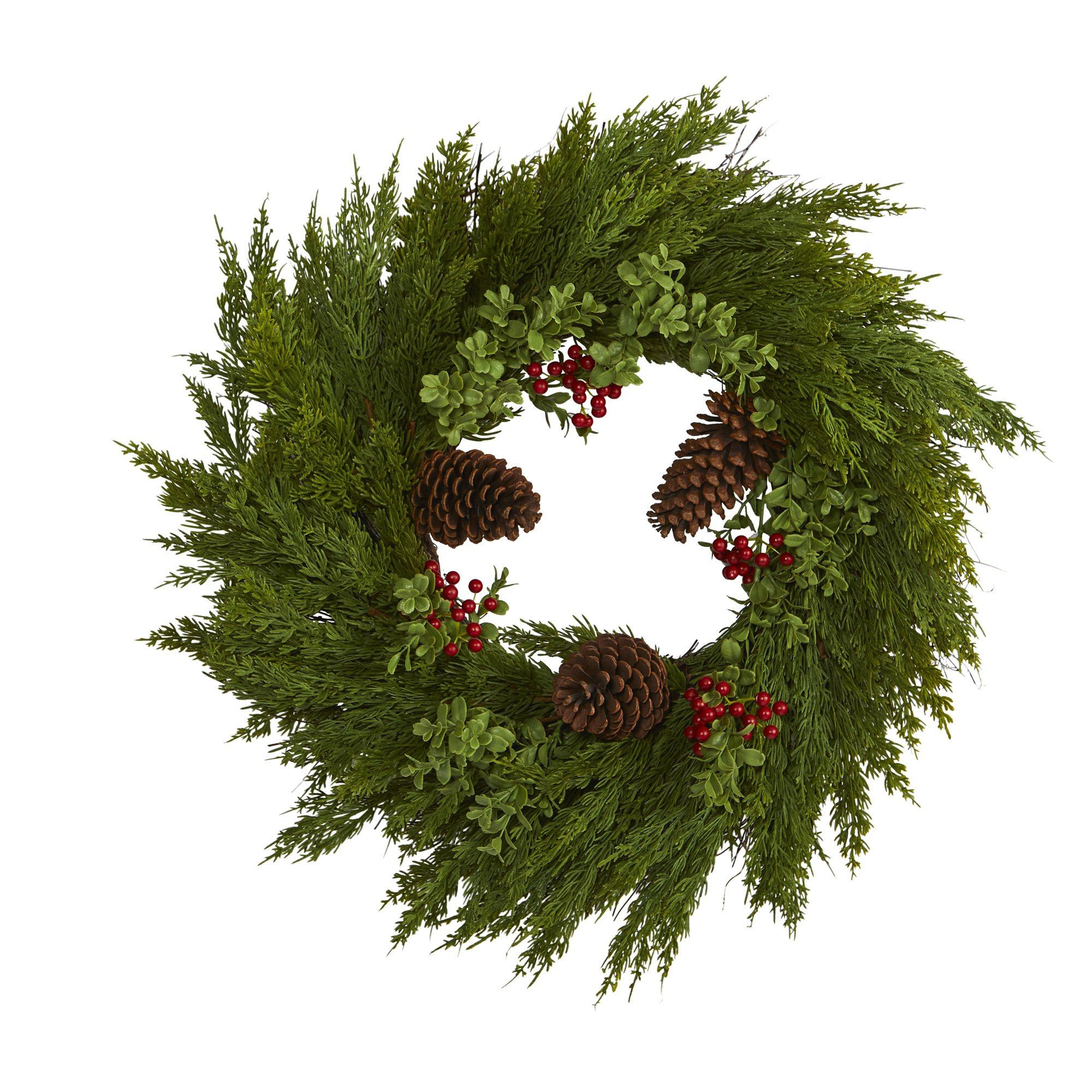 26'' Cypress with Berries and Pine Cones Artificial Wreath | Nearly Natural | Nearly Natural