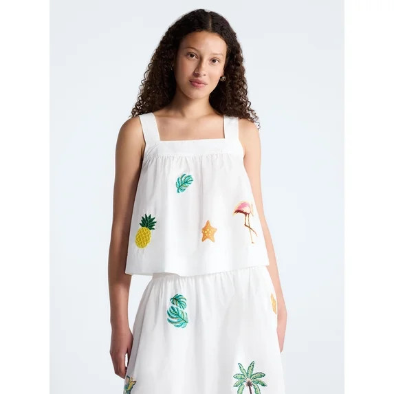 Free Assembly Women's and Women’s Plus Embroidered Cotton Square Neck Top, Sizes XS-4X | Walmart (US)