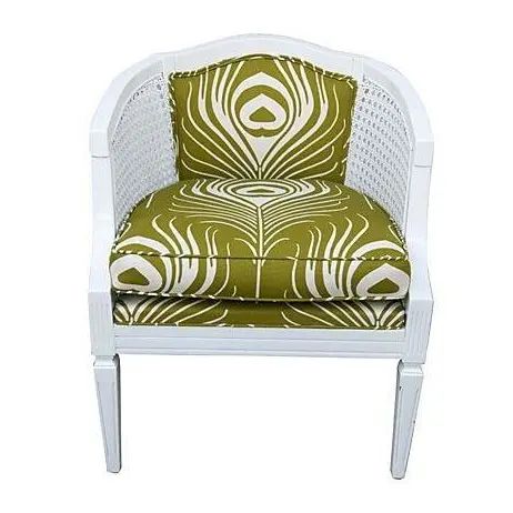 Cane Chair with Green Plume Upholstery | Chairish