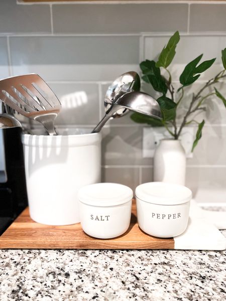 Kitchen counter styling with this wood and marble board, white utensil crock, salt and pepper pinch pots and small plant  

#LTKunder50 #LTKhome #LTKFind