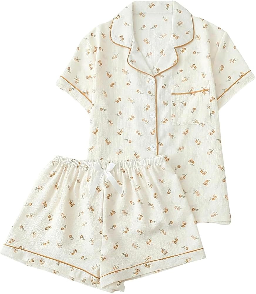 Remidoo Women's Floral Pj Set Short Sleeve 2 Piece Button Up Pajamas Sleepwear | Amazon (US)