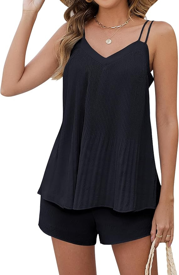 Blooming Jelly Womens Two Piece Sets Pleated Vacation Travel Outfits Summer Double Straps Lounge ... | Amazon (US)