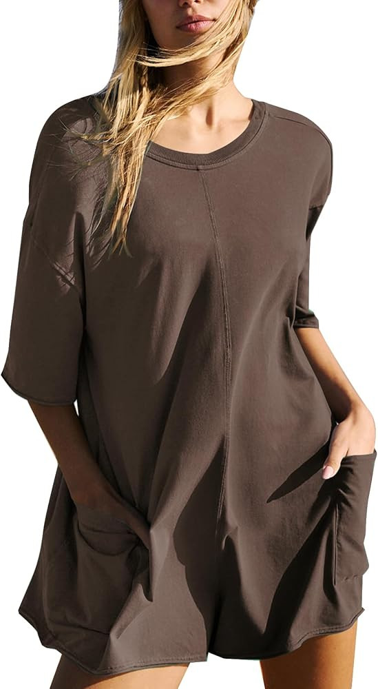 Flygo Women's Romper Short Sleeve Tee Rompers Crewneck Jumpsuit Back V Neck Casual Hot Shot One P... | Amazon (US)