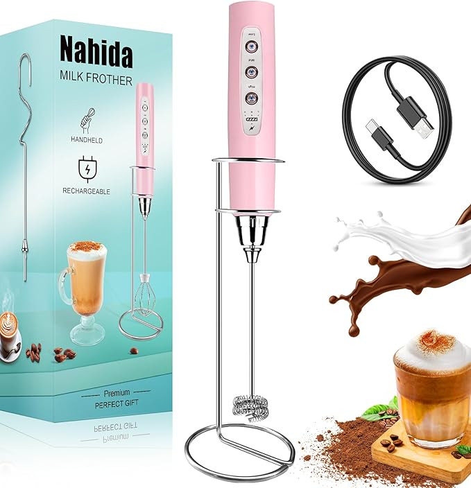 Nahida Pink Milk Frother Wand for Coffee, Frother Handheld with Stand Rechargeable Electric Whisk... | Amazon (US)