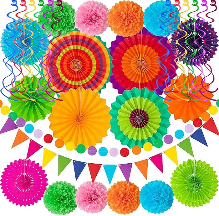 32Pcs Cinco De Mayo Decorations Fiesta Party Decorations Multi-Color Paper Fans Garlands Pennant ... | Amazon (US)