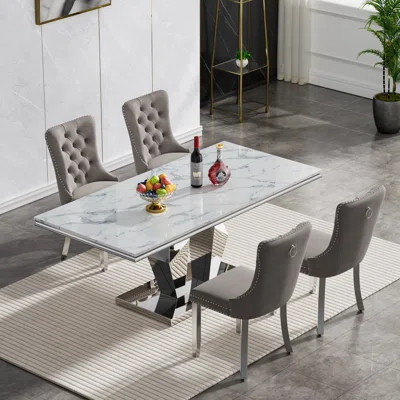 70" Faux Marble Dining Table Set for, White Dining Room Table with Velvet Dining Chairs, Modern Kitchen Table and Chairs Set, Luxury Dining Table Set | Wayfair North America