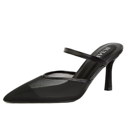 SUIARA Black Mesh Kitten Heels for Women Pointed Closed Toe Slingback Mules Heeled Sandals Backless Sexy Slip On Pumps Party Dress Shoes | Amazon (US)