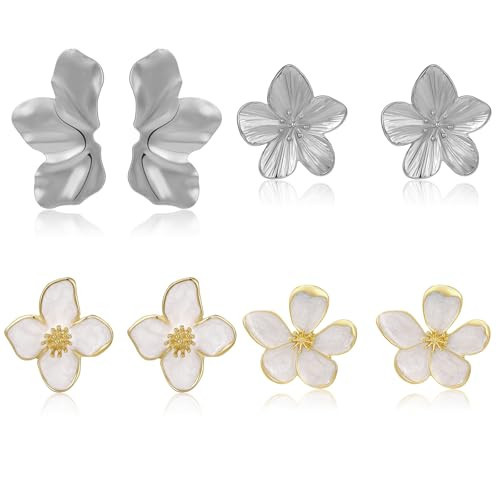 Gold Flower Earrings Floral Petal Stud Earrings Statement Earrings for Women 4 Pairs (Silver) | Amazon (US)