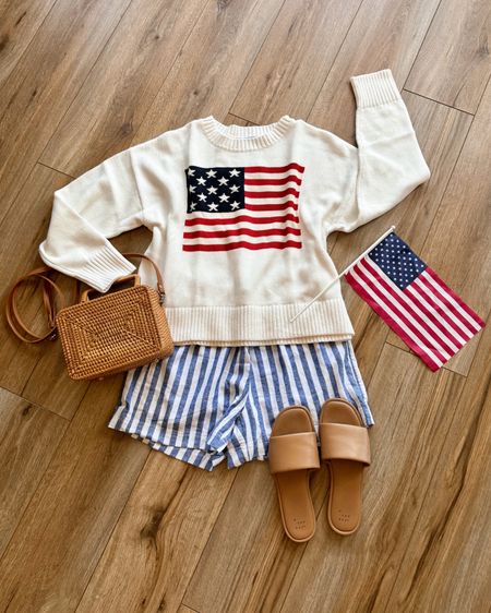 Fourth of July outfit. Memorial day outfit. Memorial day weekend. American flag sweater. Striped boxer shorts. Summer sandals. Summer outfit. Beach outfit.

Size up in sweater for more oversized fit. Boxer style shorts are tts and a bit oversized, but cute!! 

#LTKSeasonal #LTKSaleAlert #LTKParties