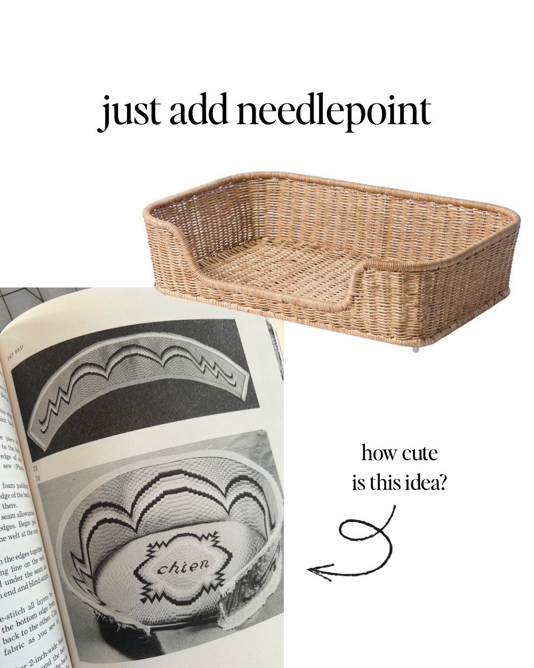 Needlepoint project idea: find a cute wicker dog bed and stitch a pillow and sides. 

Perfect for our favorite fur babies. 

Needlepoint, gift ideas, pet gifts, home decor, needlepoint gifts, diy 

#LTKHome #LTKGiftGuide #LTKHoliday