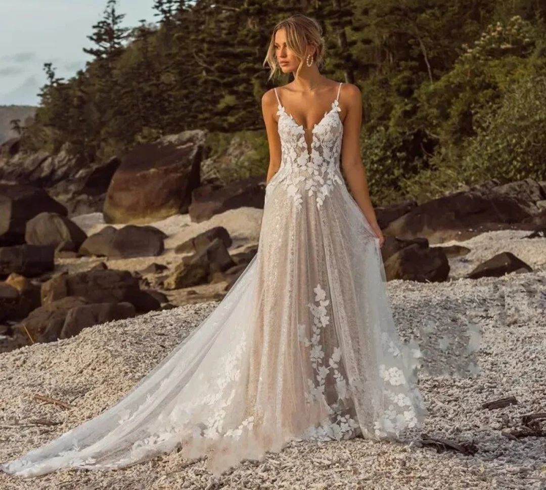 Elegant Beach Wedding Dress Sexy Deep V Lace Spaghetti Straps Appliques Sequined Boho Bridal Gown... | Etsy (US)
