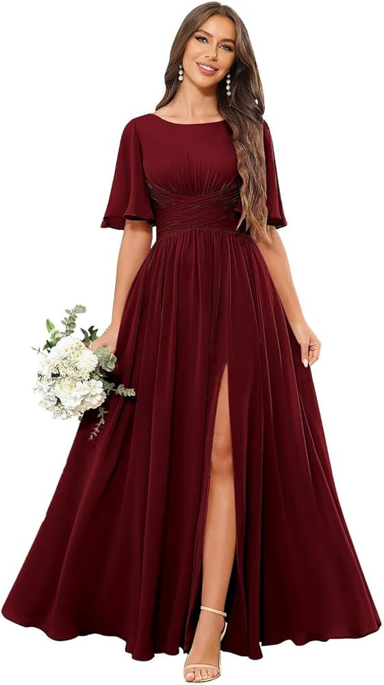Women's Bridesmaid Dresses with Slit Flutter Sleeve Scoop Neck Chiffon Formal Wedding Guest Dress... | Amazon (US)