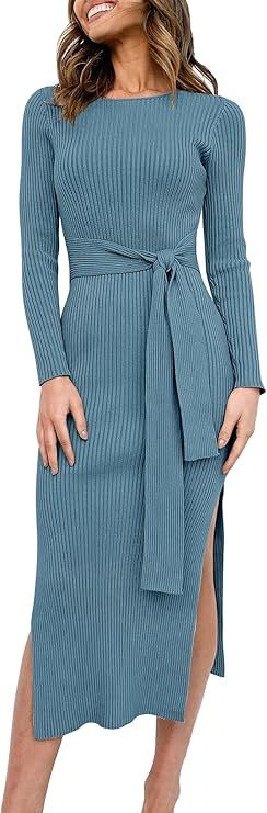 Caracilia Women's Crew Neck Long Sleeve Midi Sweater Dress Elegant Side Slit Bodycon Dress with B... | Amazon (US)
