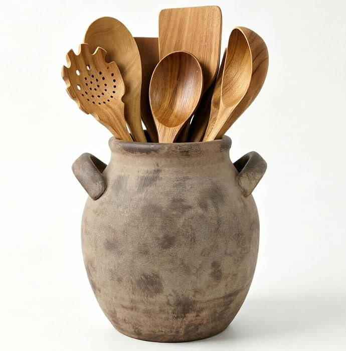 Rustic Kitchen Utensil Holder with Handle,7" Ceramic Farmhouse Stable Utensil Crock for Countertop, Vintage Cooking Tool Organizer & Spatula Holder For Kitchen Decor (Dark Brown) | Amazon (US)