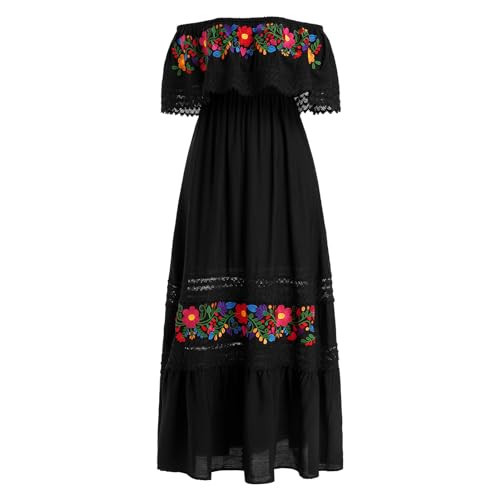ABEHIK Mexican Dress for Women Traditional Off Shoulder Embroidered Present Casual Sexy Lace Long Maxi Dress Summer Floral Print Cinco de Mayo Fiesta Dresses Black S | Amazon (US)