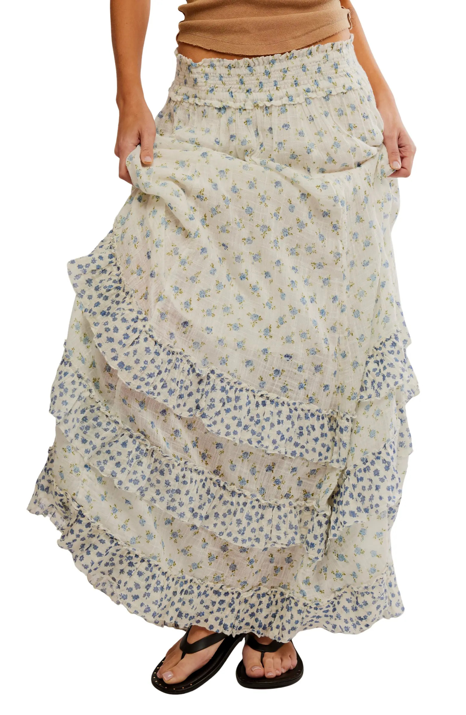 Free People Brynn Mixed Floral Tiered Cotton Blend Maxi Skirt | Nordstrom | Nordstrom