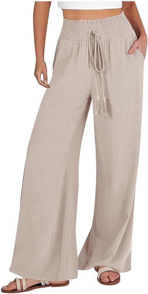 Gamivast Linen Pants Women High Waisted Wide Leg Lounge Pants with Pockets Boho Flowy Pants Trend... | Amazon (US)