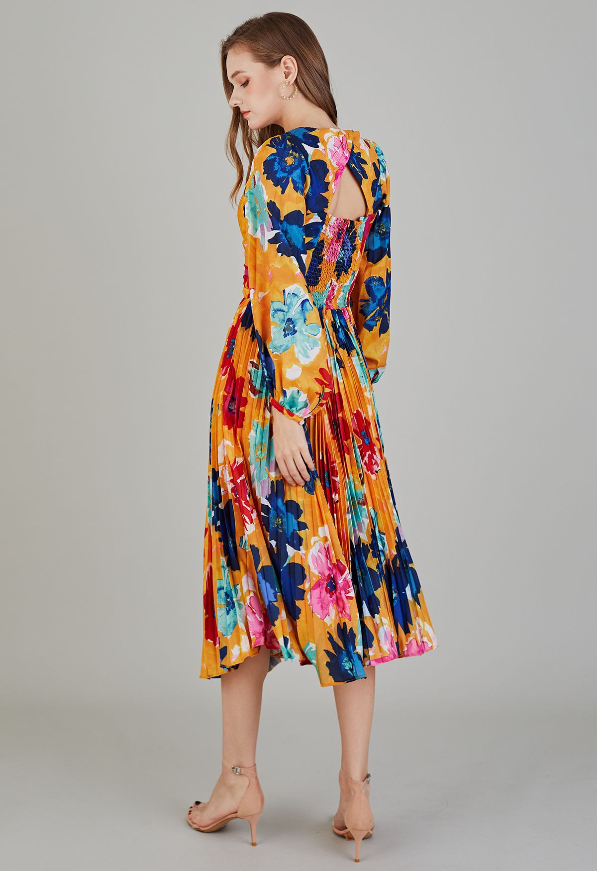 Orange Floral Cut Out Back Pleated Satin Dress | Chicwish