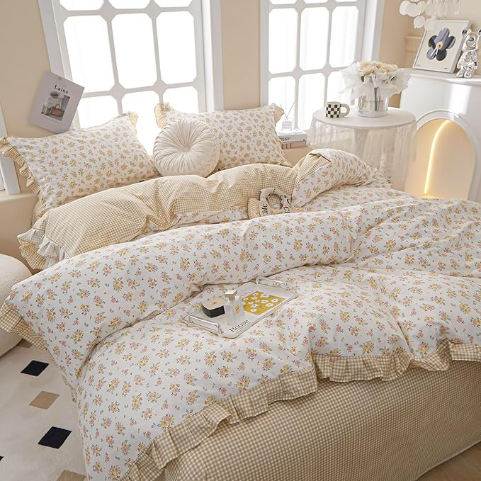 Floral Twin Size Duvet Cover Ruffle Coquette Comforter Cover Twin Cute Boho Gingham Cotton Duvet ... | Amazon (US)