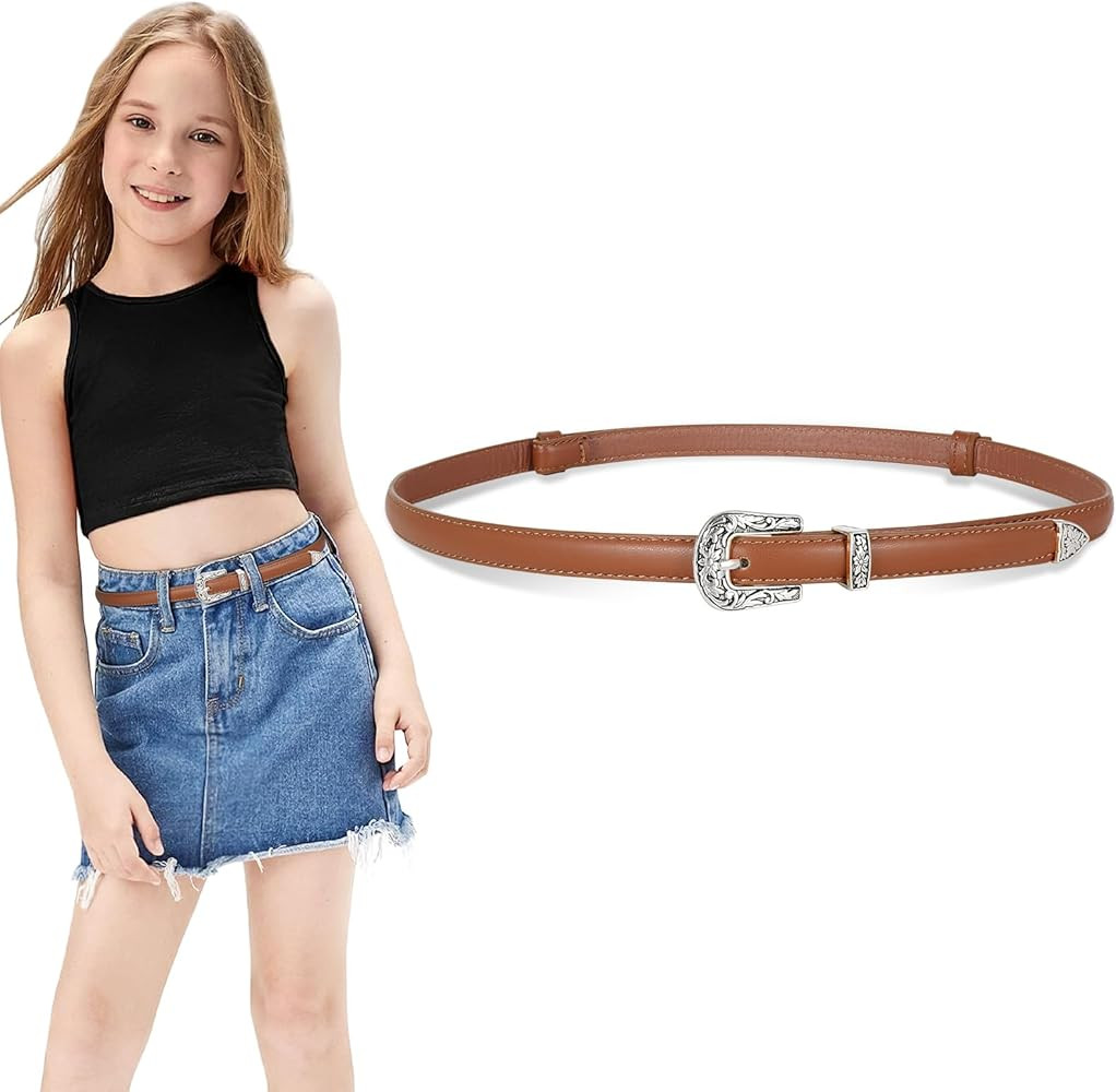 SUOSDEY Girls Thin Leather Belt for Dresses, Jeans, Pants - Skinny Waist Western Belt for Kids | Amazon (US)