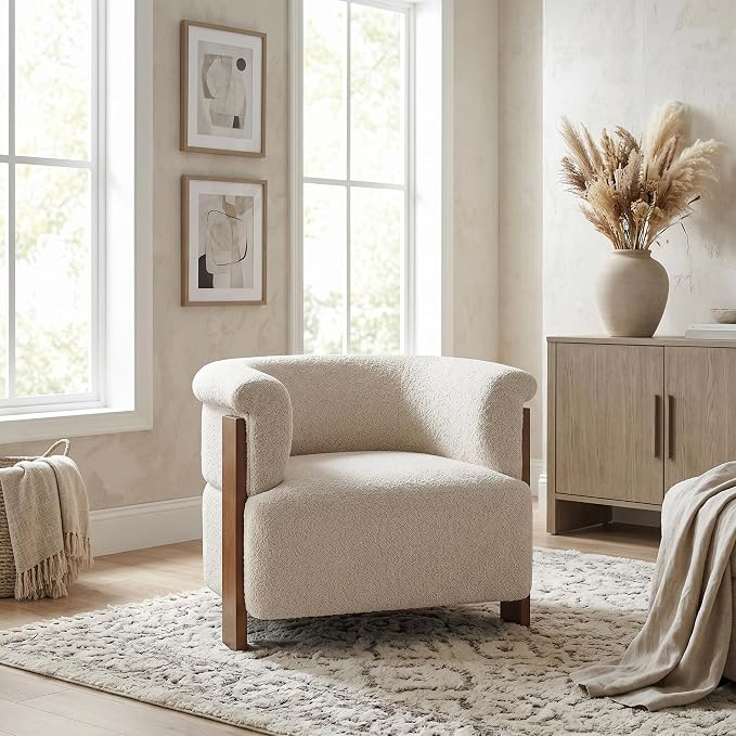 Merax 31.7" Mid-Century Boucle Fabric Barrel Accent Chair, Almond | Amazon (US)