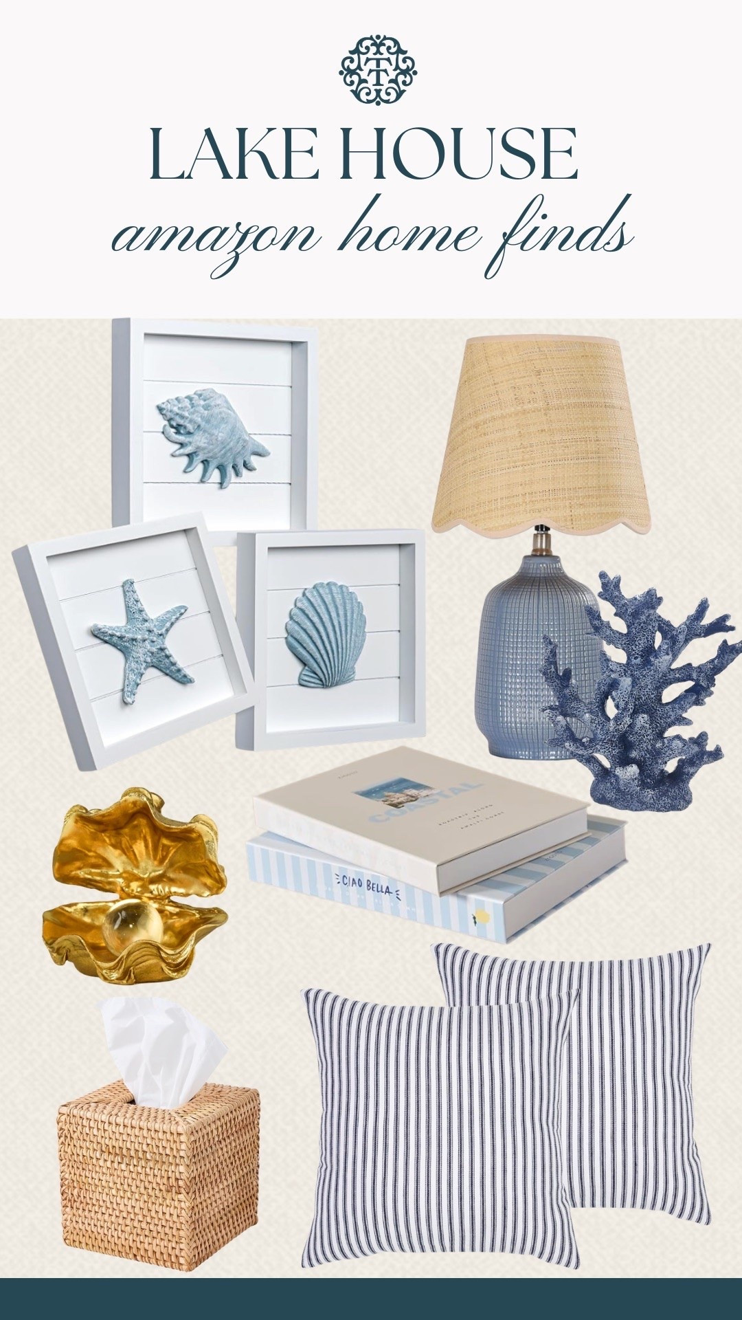 These Amazon home finds are perfect for bringing a lake house look into your home. The framed shell art, decorative coral, coffee table books, and woven accents pair beautifully with the blue lamp and striped pillows. It's an easy collection to style in a living room, bedroom, or guest space.

#LTKSeasonal #LTKOver40 #LTKHome