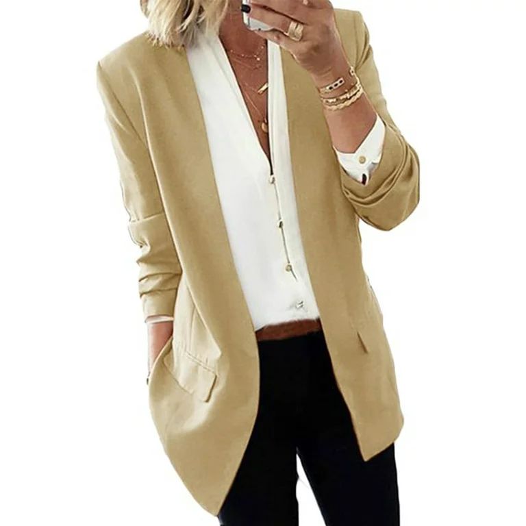 Women's Long Sleeves Slimming Business Blazer Open Front Formal Work Coats Khaki(Type A) L | Walmart (US)