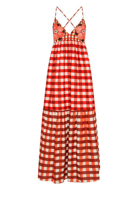 Gingham Embroidery Dress in Ruby Cream | Bohemian Traders