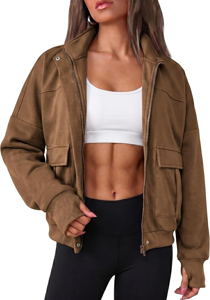 Short Sweatshirt Bomber Jacket Women Zip Up Thumb Hole Stand Collar | Amazon (US)