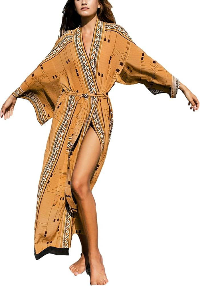 Swimsuit Coverup Kimonos for Women Bird Geometry Print 3/4 Sleeve Kimono Robe Loose Open Front Kimon | Amazon (US)