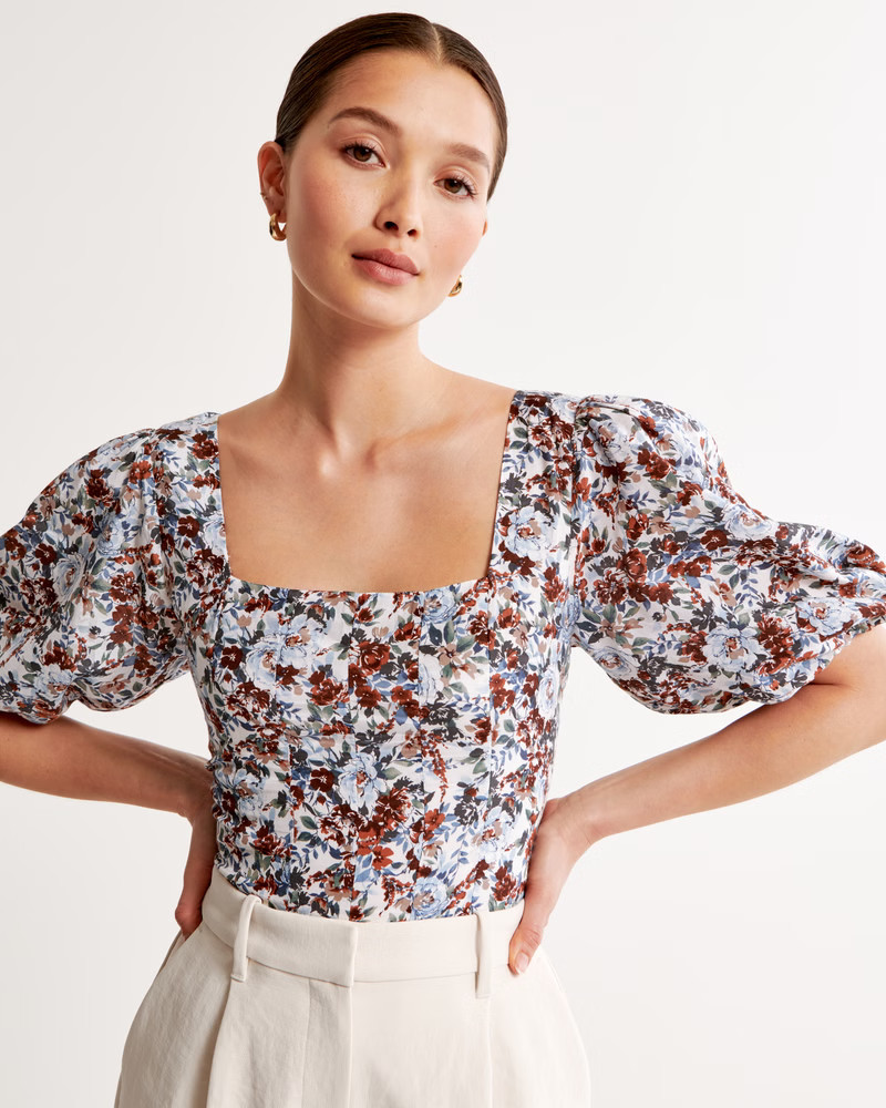 Puff Sleeve Shine Cotton Squareneck Top | Abercrombie & Fitch (US)