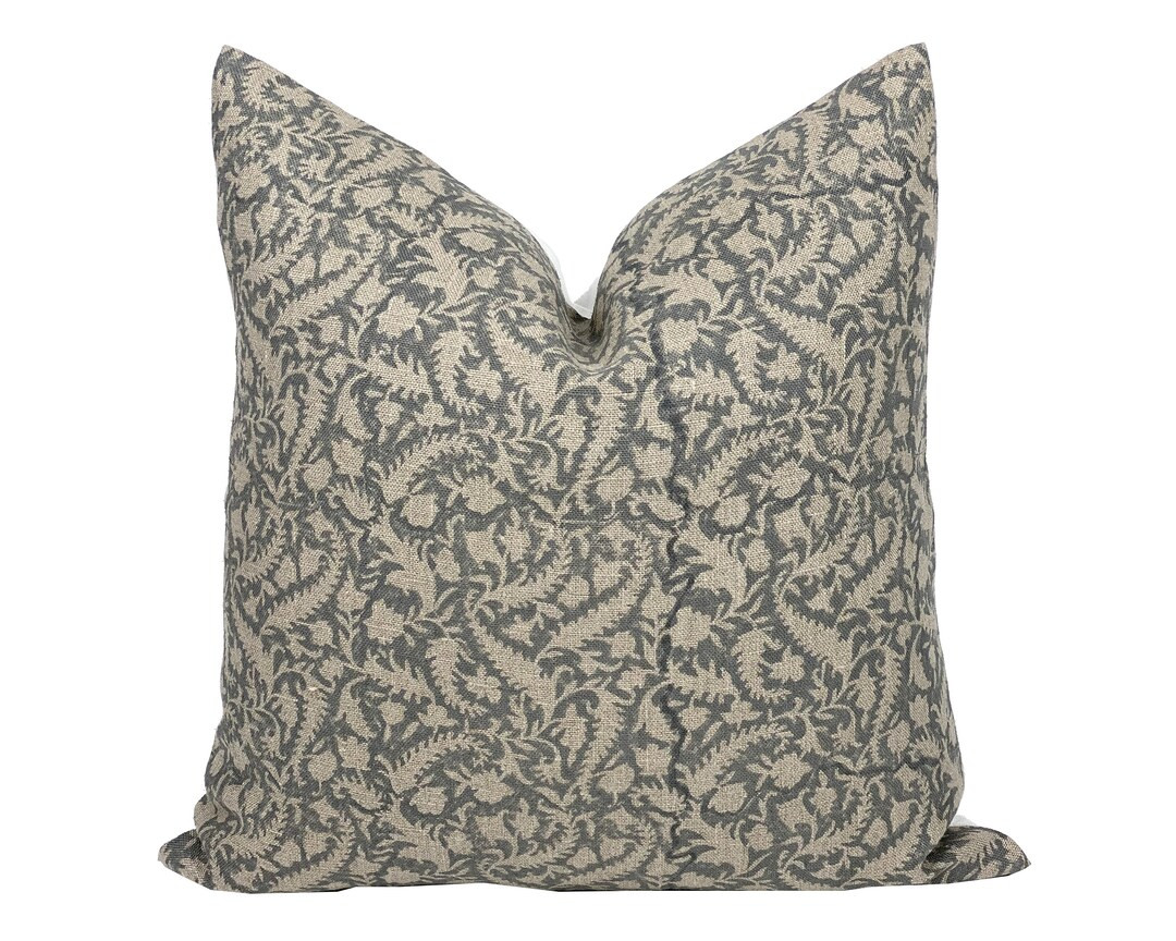 LUNA | Designer Grey Beige Floral Linen Pillow Cover, Block Print Pillow, Modern Farmhouse Pillow... | Etsy (CAD)
