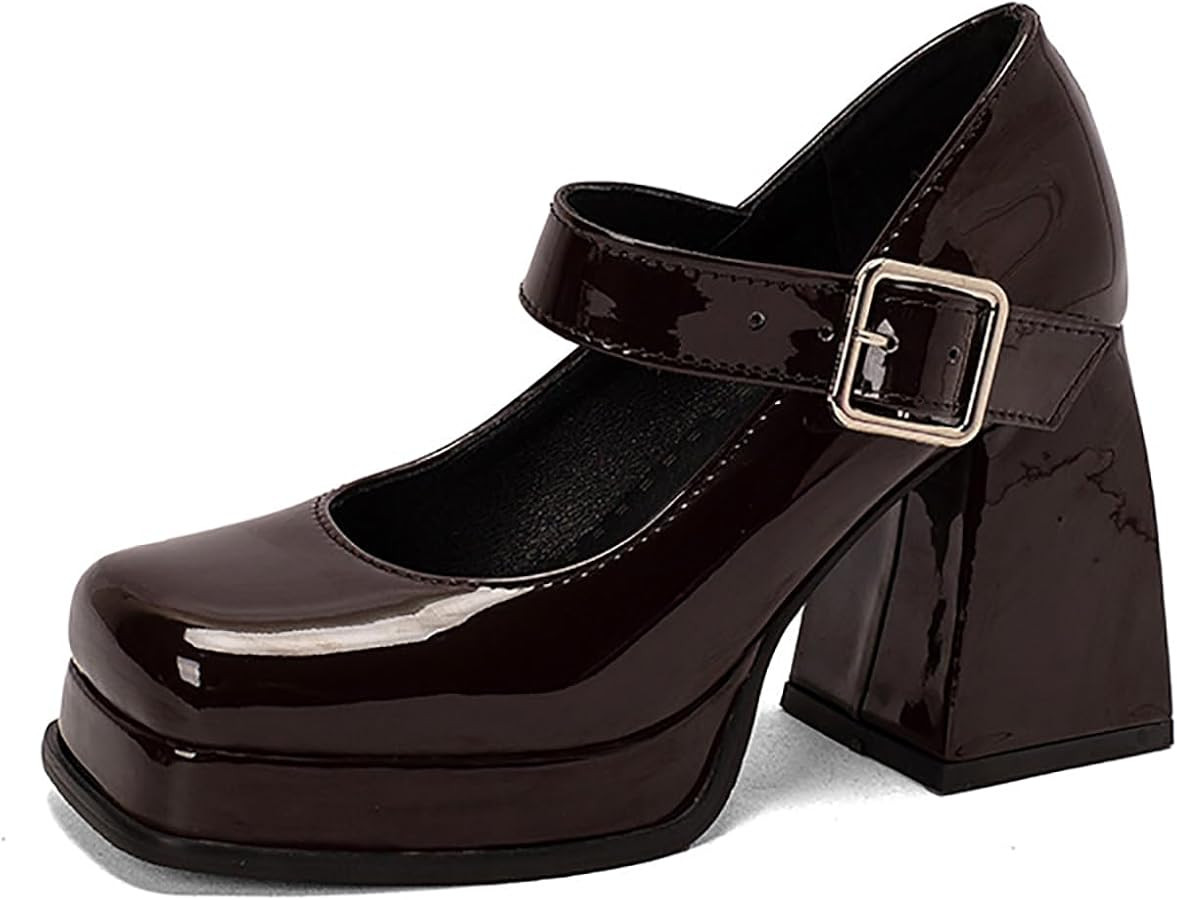 Women's Patent Leather Platform Mary Janes Pumps with Adjust Buckle Strap Fashion Comfort Square ... | Amazon (US)