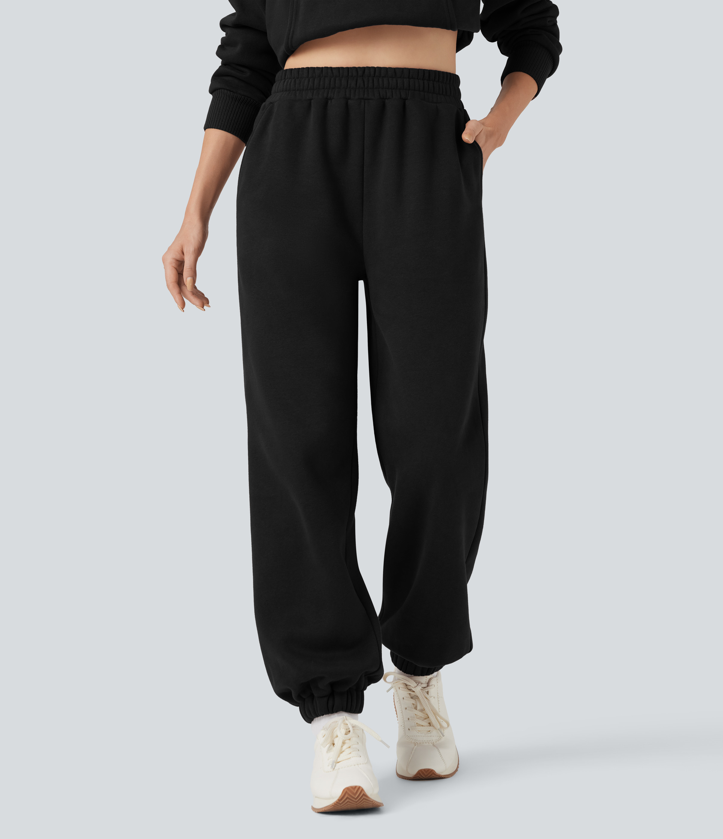 Halara Foldover High Waisted Drawstring Fleece Casual Joggers with Pockets - Black - M(regular) | HALARA