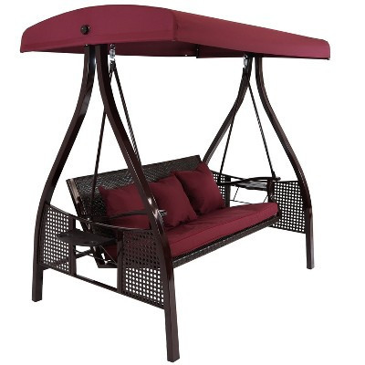 Sunnydaze 3-Person Outdoor Patio Swing with Adjustable Canopy Shade, Foldable Side Tables, Cushions and Pillow, Merlot | Target