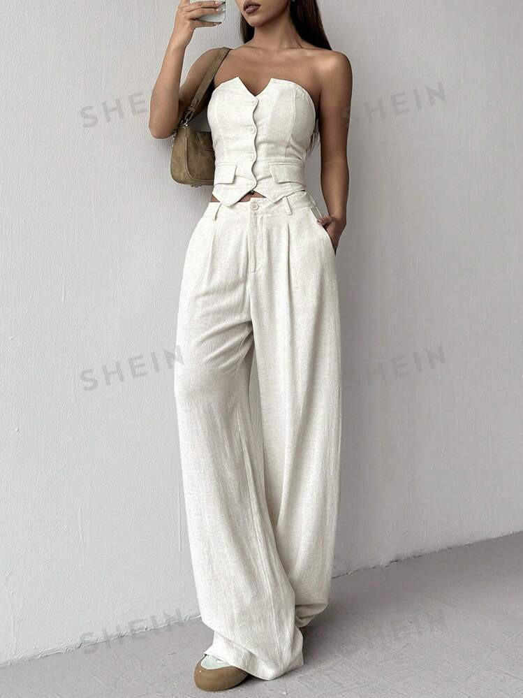 SHEIN EZwear Ladies' Linen Simple Solid Color Tube Top And Long Pants Two-Piece Set | SHEIN