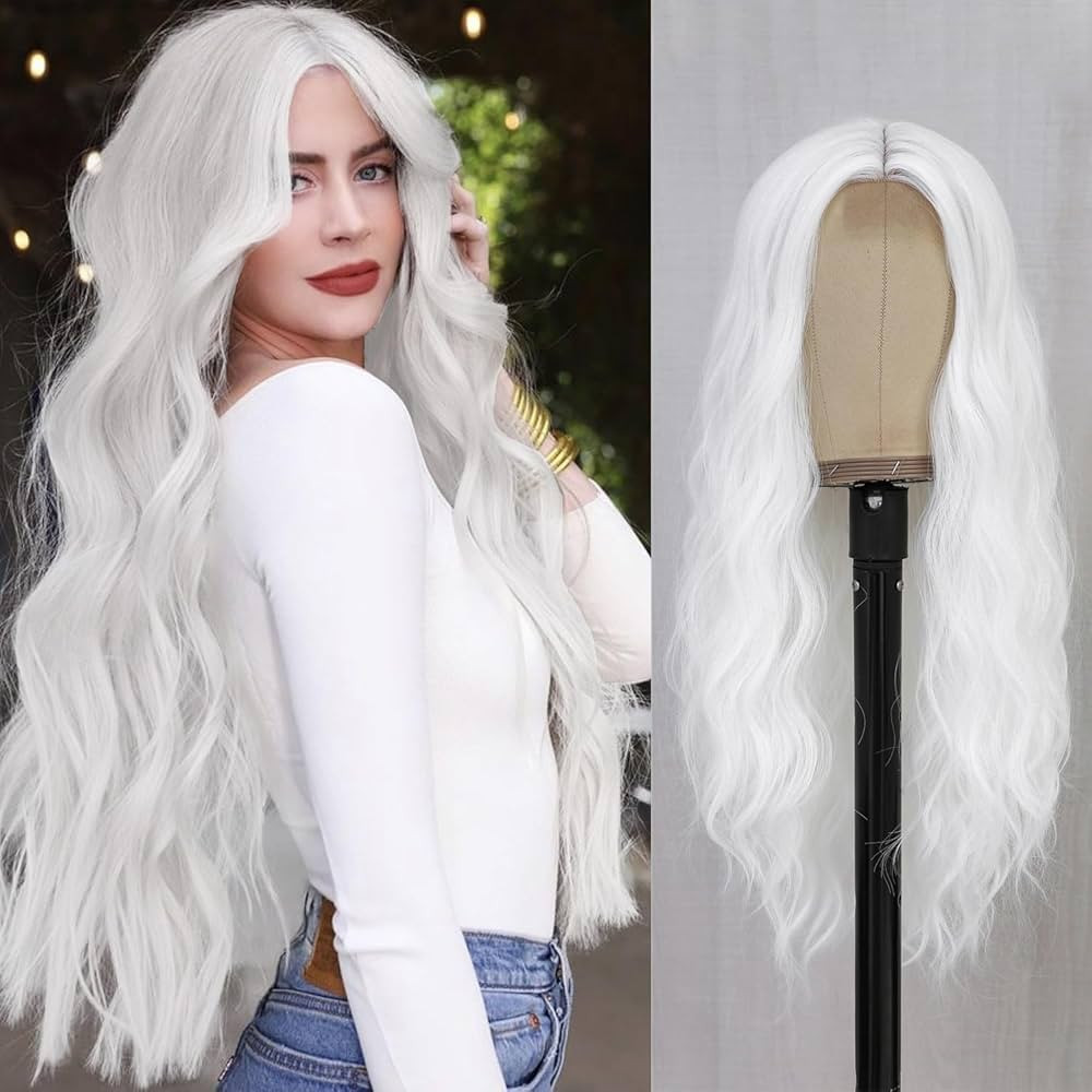 YBYMCAI White Wig - Long White Wavy Wigs for Women Middle Part Cosplay Wigs 26 inch Natural Curly... | Amazon (US)