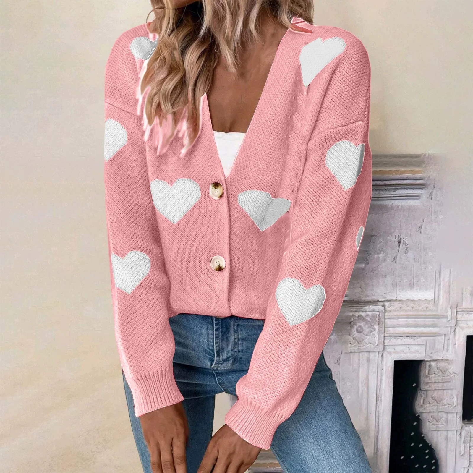 Lroveb Heart Cardigan for Women Valentines Day Sweater Cardigan Long Sleeve V Neck Button Up Knit... | Walmart (US)
