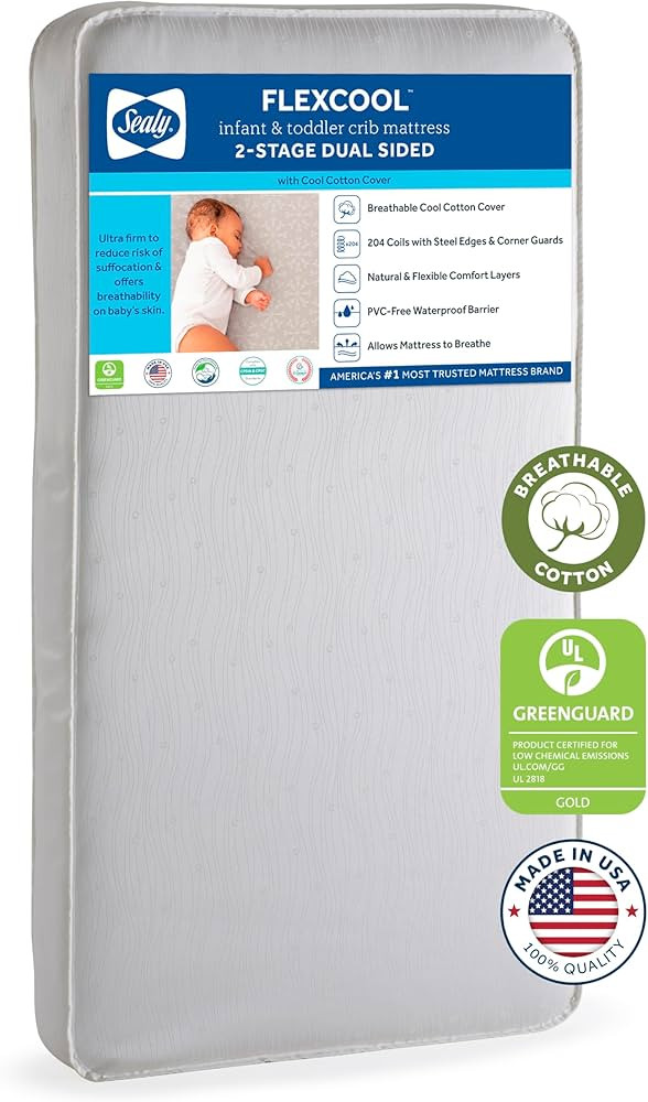Sealy Baby Flex Cool Breathable 2 Stage Waterproof Crib Mattress plus Toddler Bed Fit, Airy Cotto... | Amazon (US)