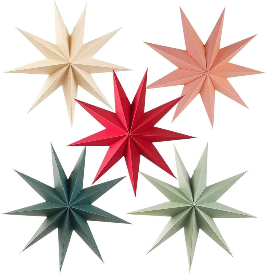 5Pcs Red Pink Green Beige Christmas Paper Star,12 Inch Large 9 Pointed Hanging Star Lantern for X... | Amazon (US)